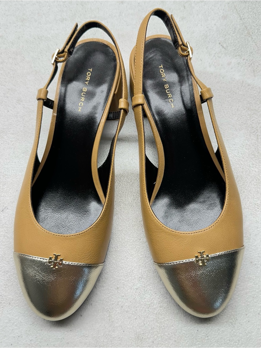 NEW Tory Burch Cap Toe Slingback Flats with Metallic Gold, Size 7